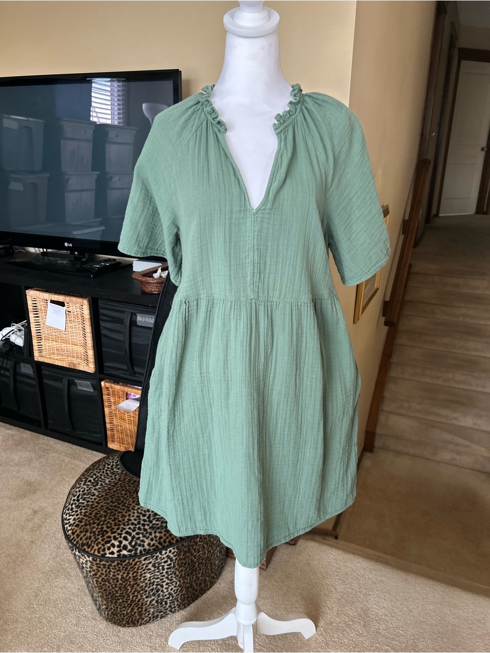 Sage Green Crinkle Gauze Babydoll/Swing Mini Dress with Pockets